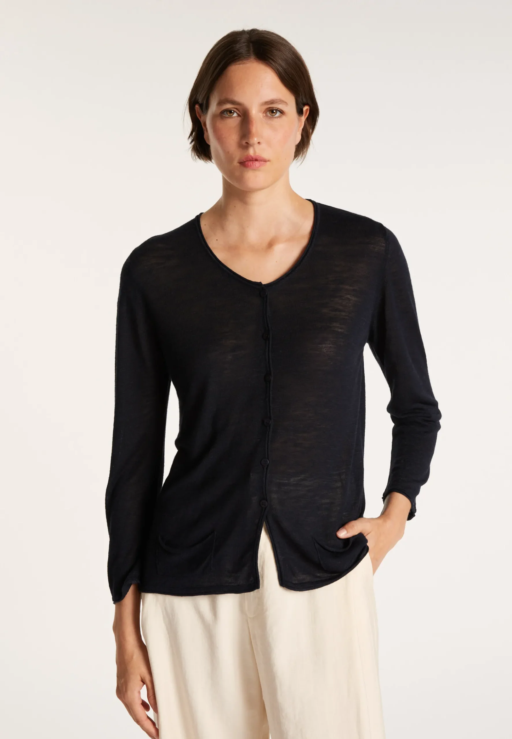 Montagut Vestes Et Cardigans-Cardigan à poches en lin flammé - Bao 05-Bleu marine