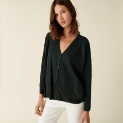 Montagut Les Incontournables-Cardigan boutonné à poches en laine mérinos - Ava 21-Vert foncé