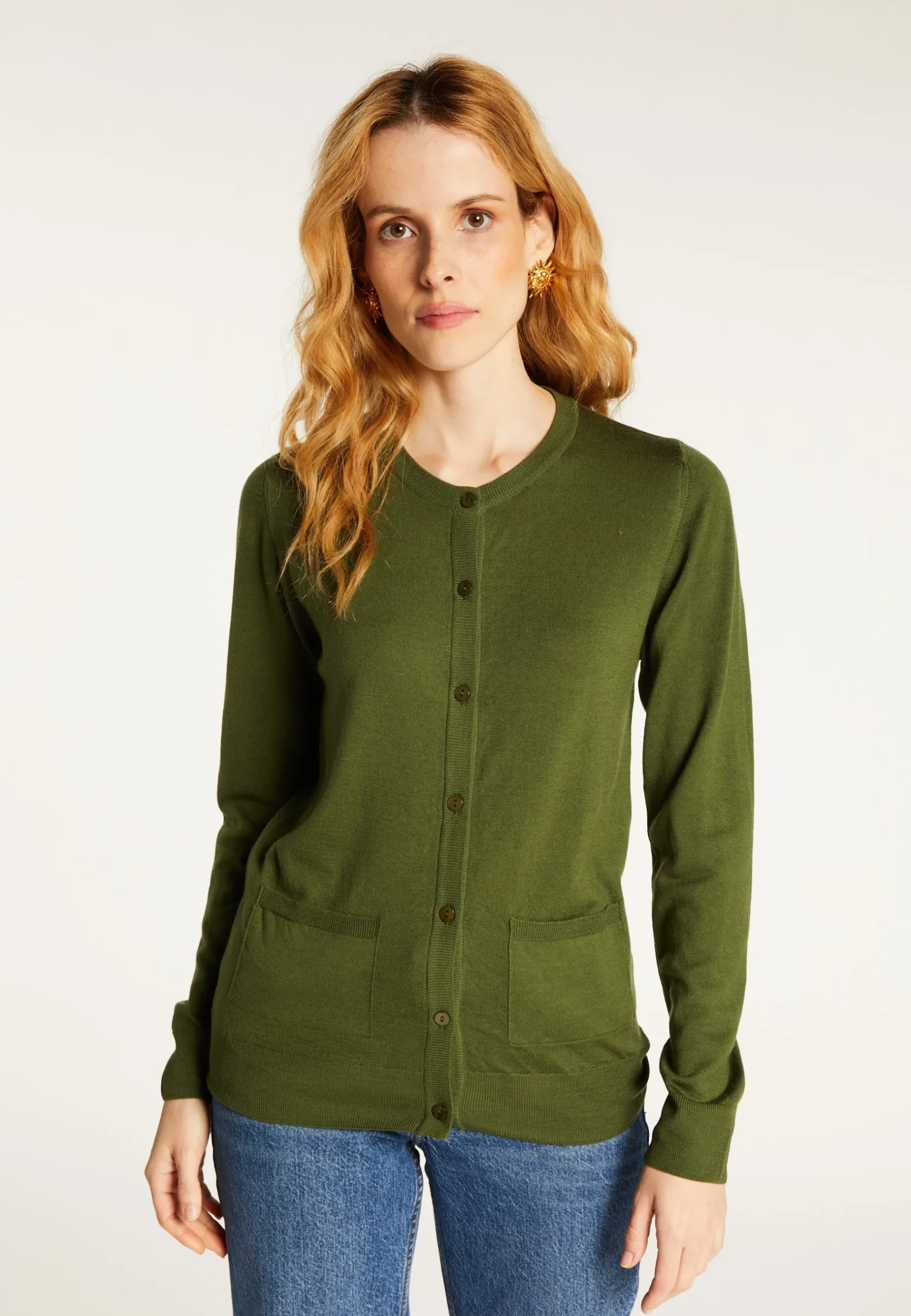 Montagut Vestes Et Cardigans-Cardigan boutonné col rond à poches en laine mérinos - Amalia 83-Kaki