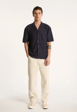 Montagut Chemises-Chemise manches courtes en coton et lin - Igino 05-Bleu marine