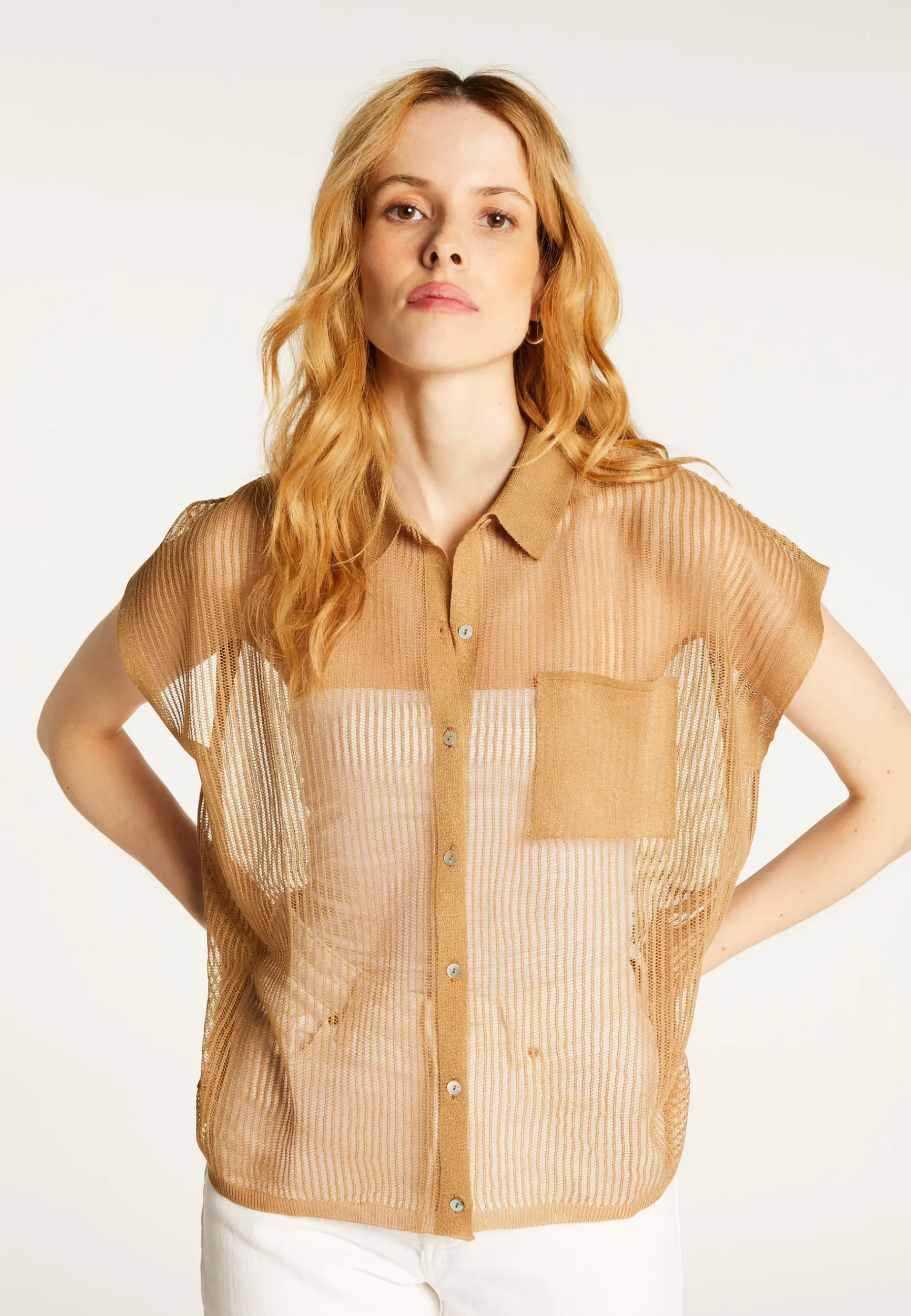 Montagut T-Shirts Et Débardeurs-Chemisier manches courtes effet irrisé - Stacy 14-Beige foncé
