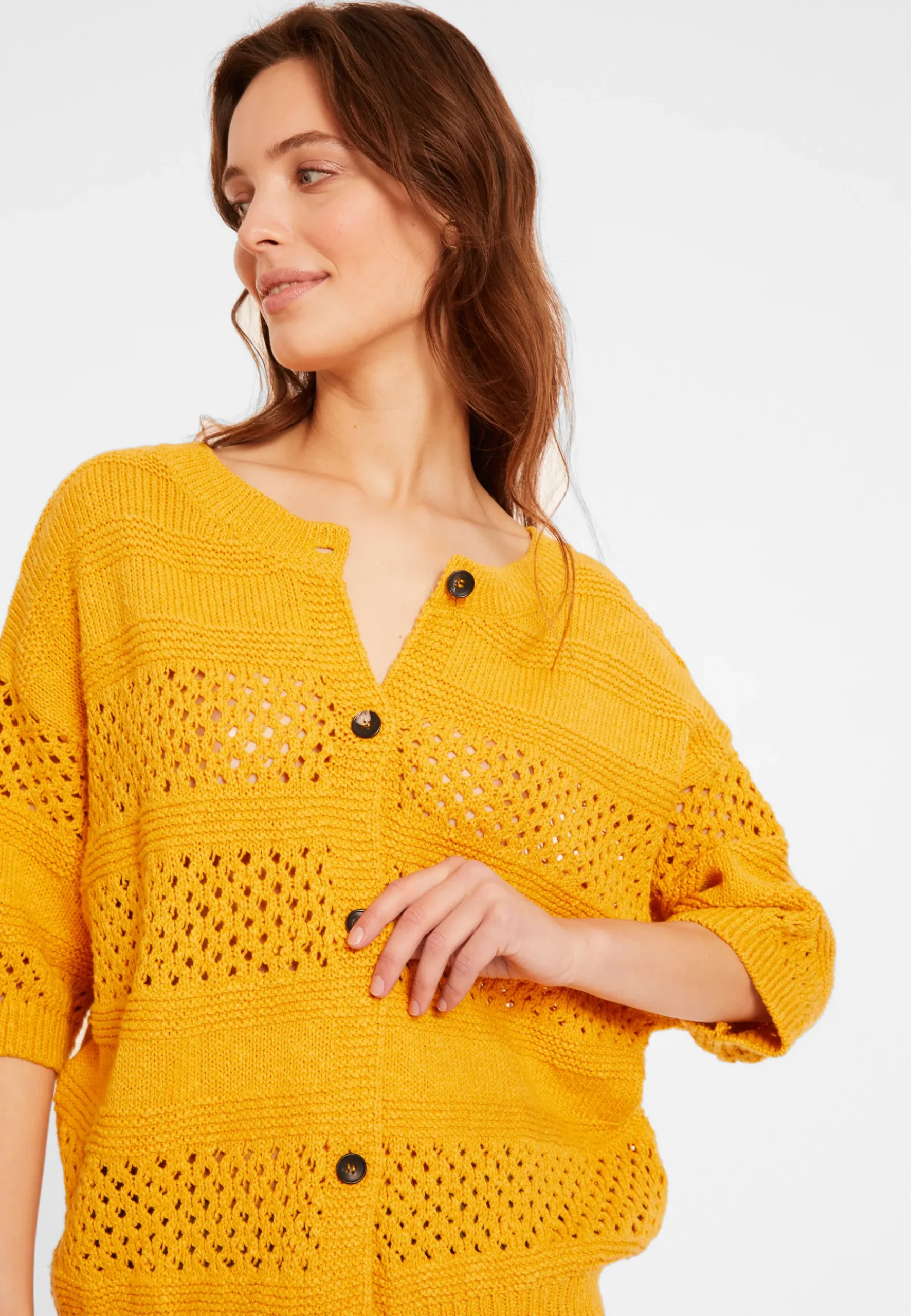 Montagut Vestes Et Cardigans-Gilet ajouré en coton et lin - Maylisse 08-Jaune