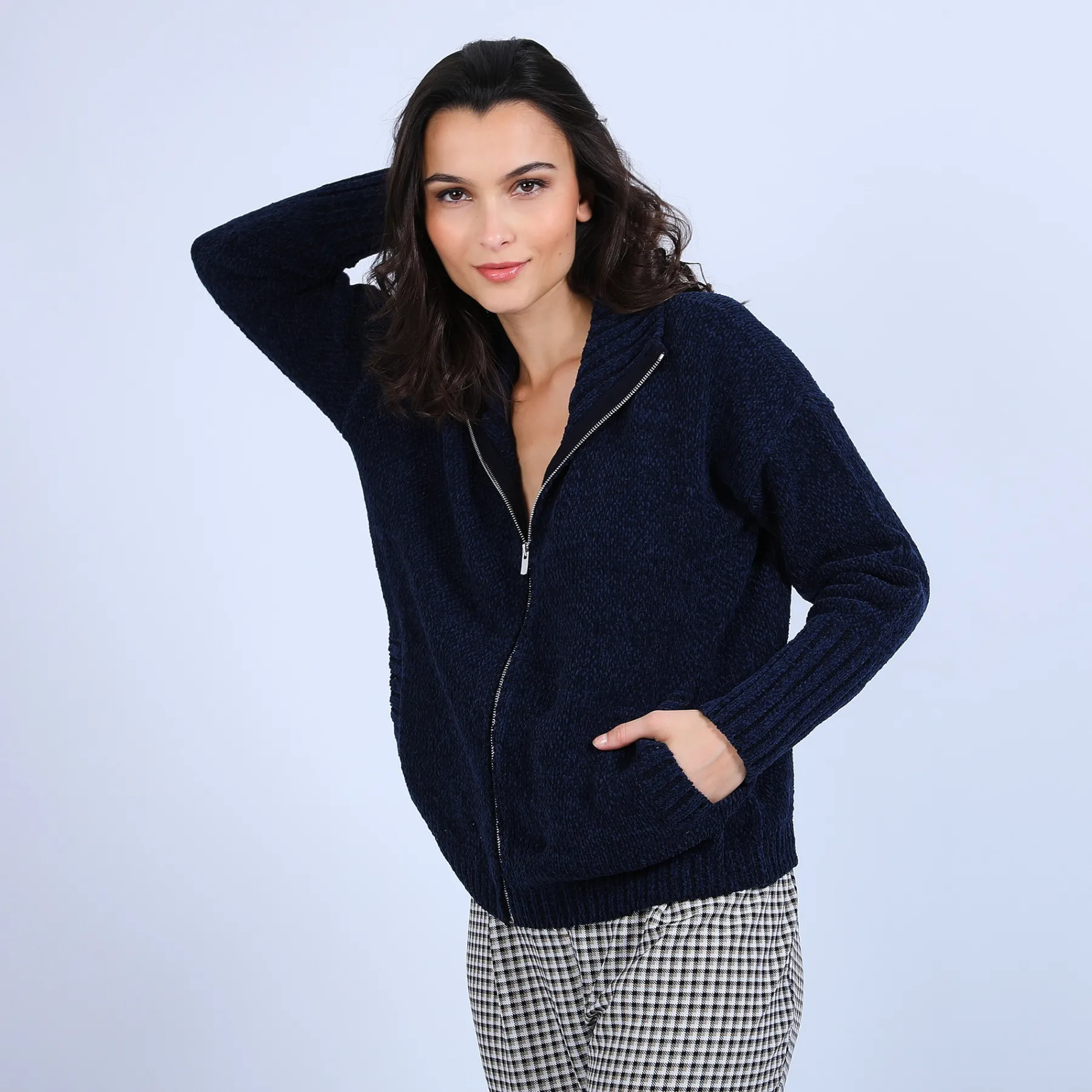 Montagut Vestes Et Cardigans-Gilet col montant en soie laine velours - Brésil 05-Bleu marine