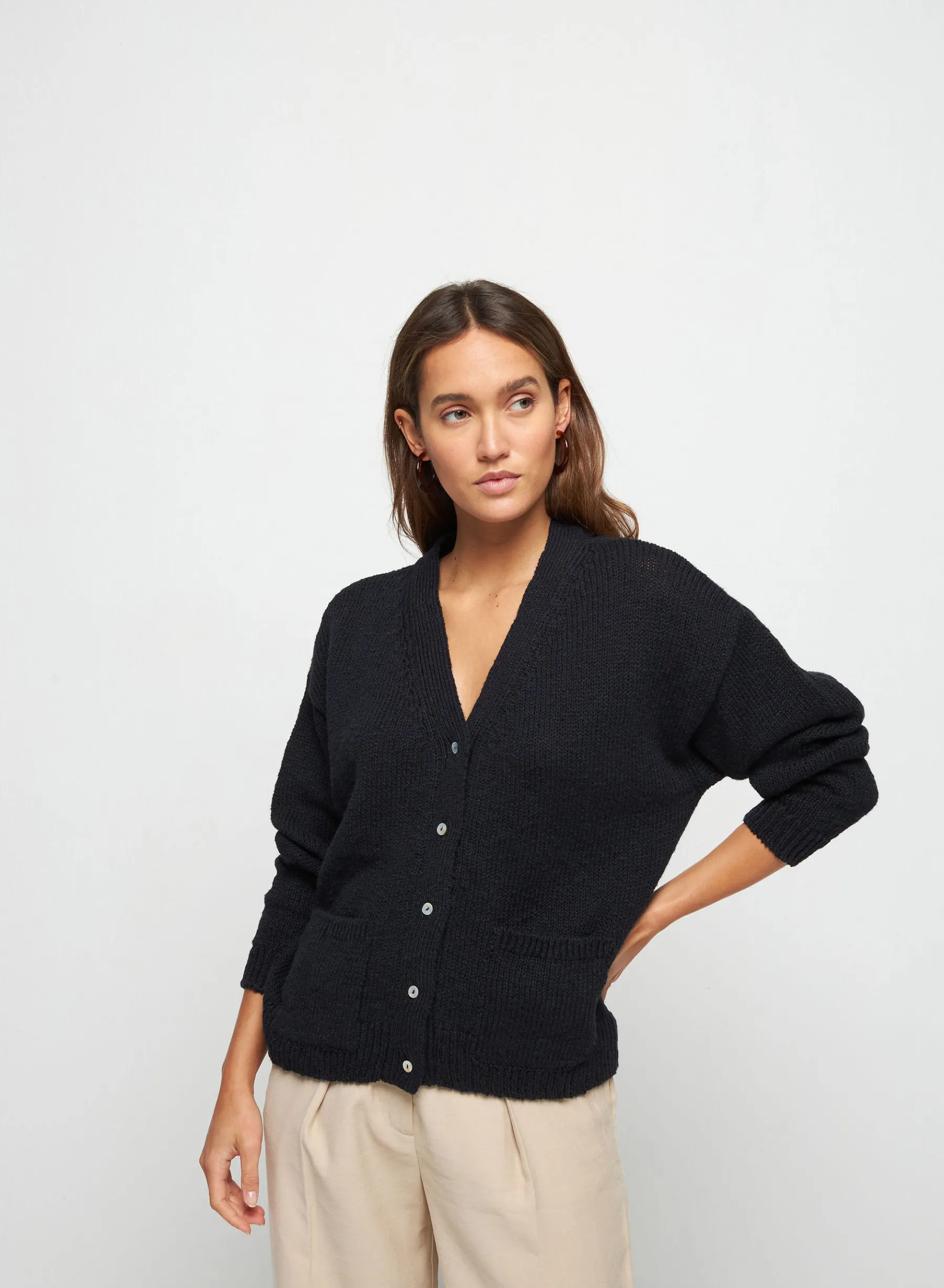 Montagut Vestes Et Cardigans-Gilet col V en coton et lin - Thais 05-Bleu marine