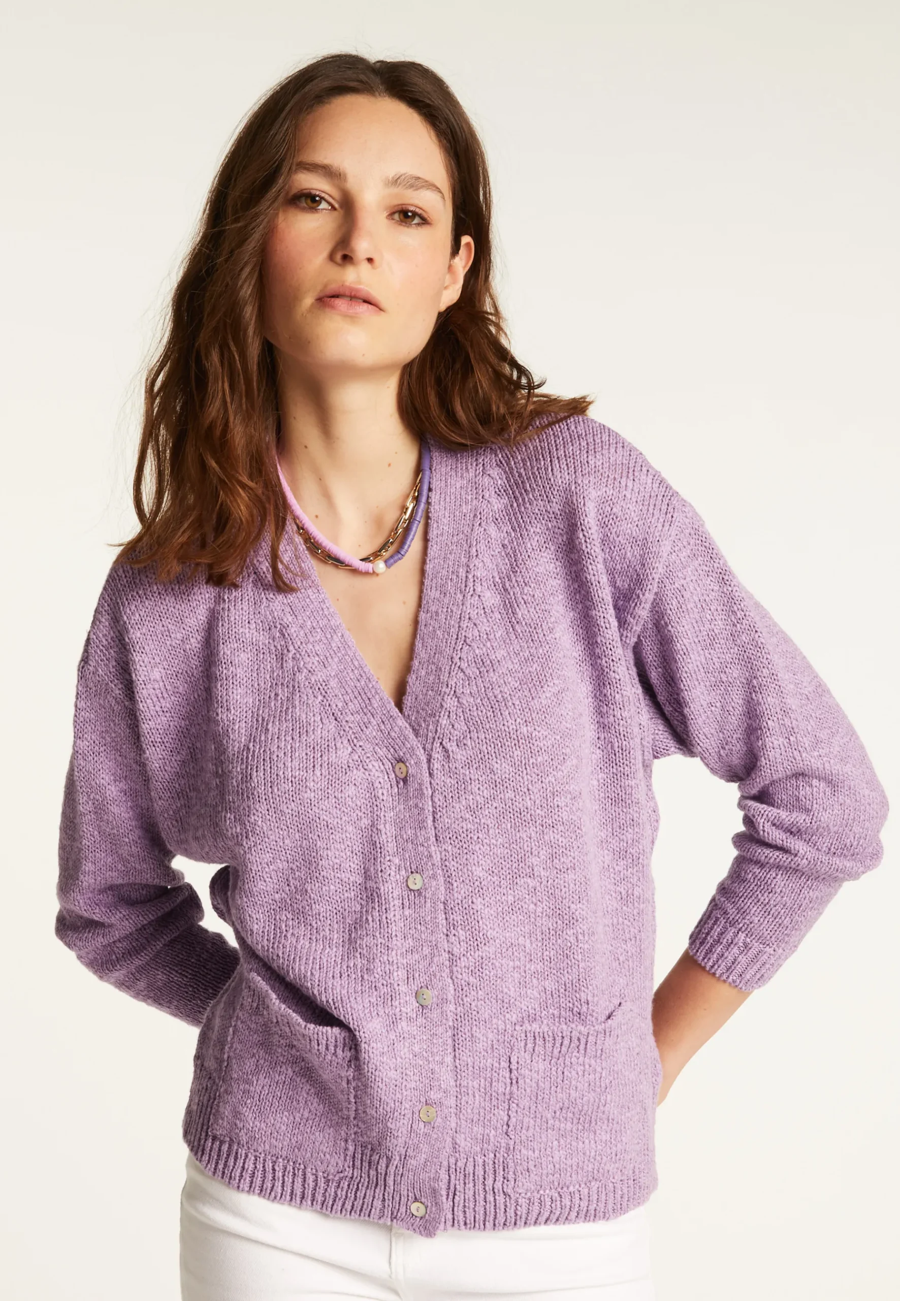 Montagut Vestes Et Cardigans-Gilet col V en coton et lin - Thais 16-Violet clair