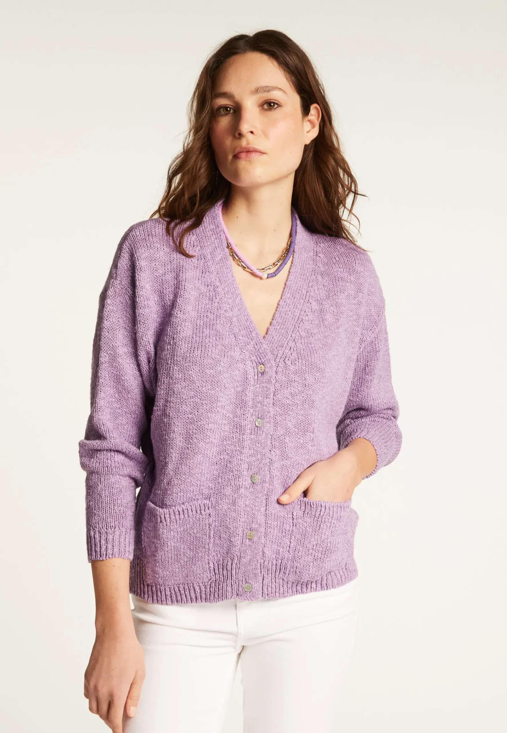 Montagut Vestes Et Cardigans-Gilet col V en coton et lin - Thais 16-Violet clair
