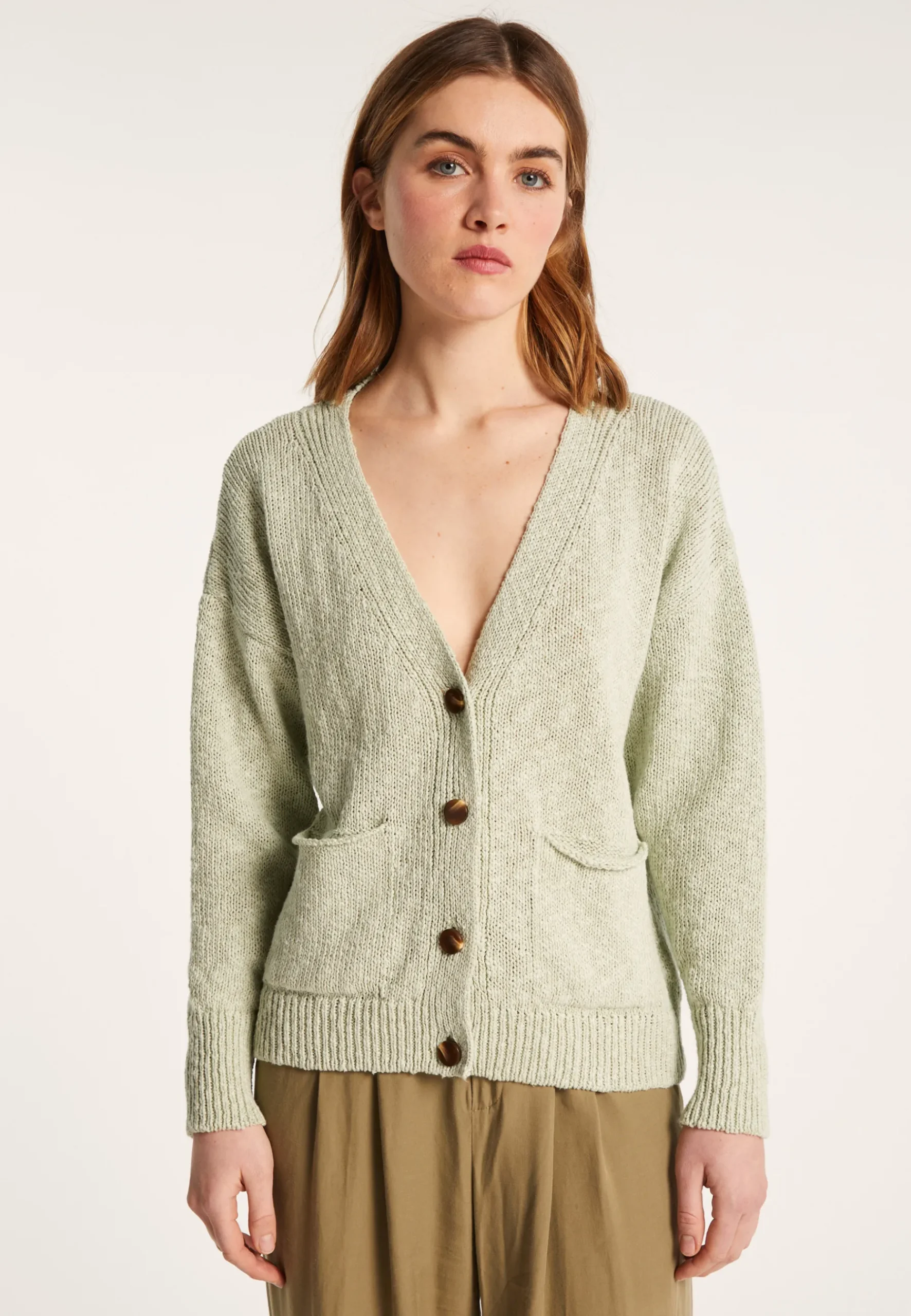Montagut Vestes Et Cardigans-Gilet col V en coton et lin - Nais 23-Vert clair