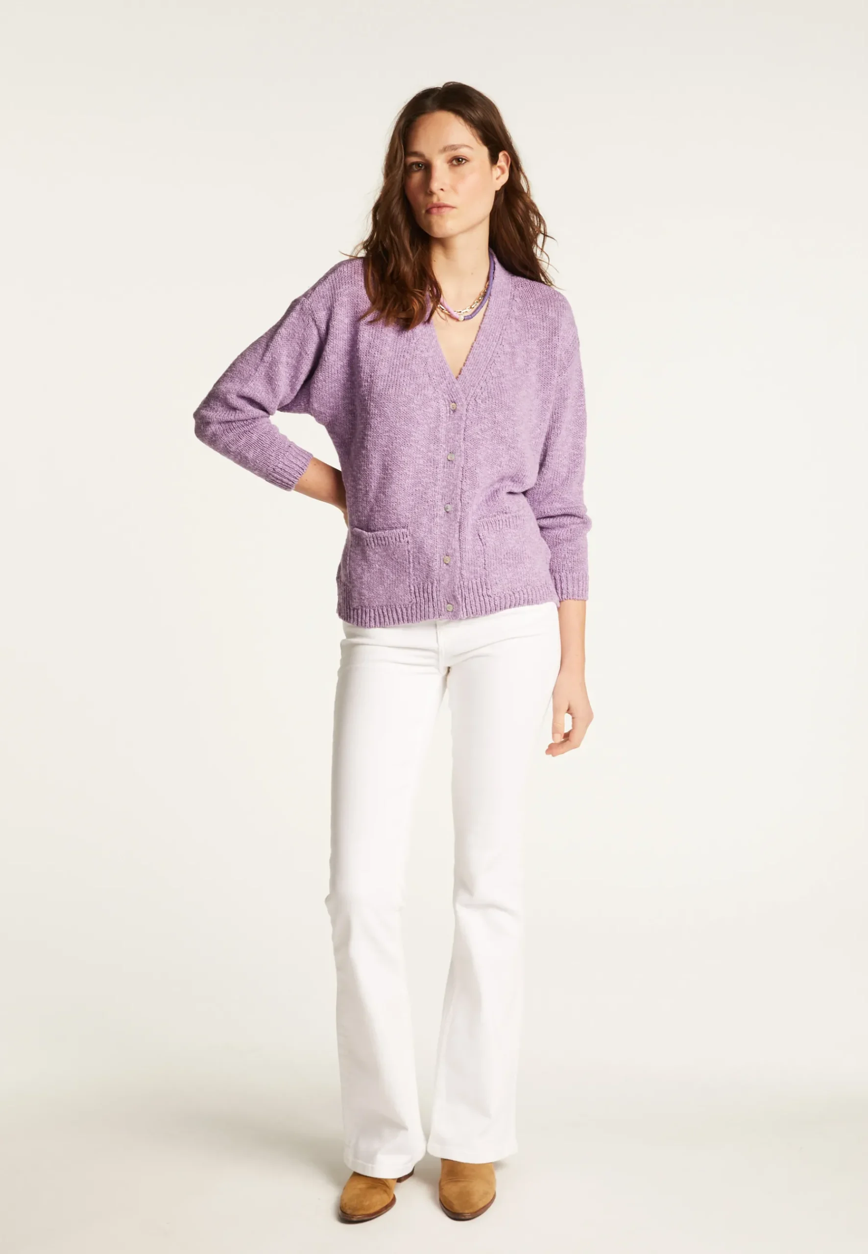 Montagut Vestes Et Cardigans-Gilet col V en coton et lin - Thais 16-Violet clair