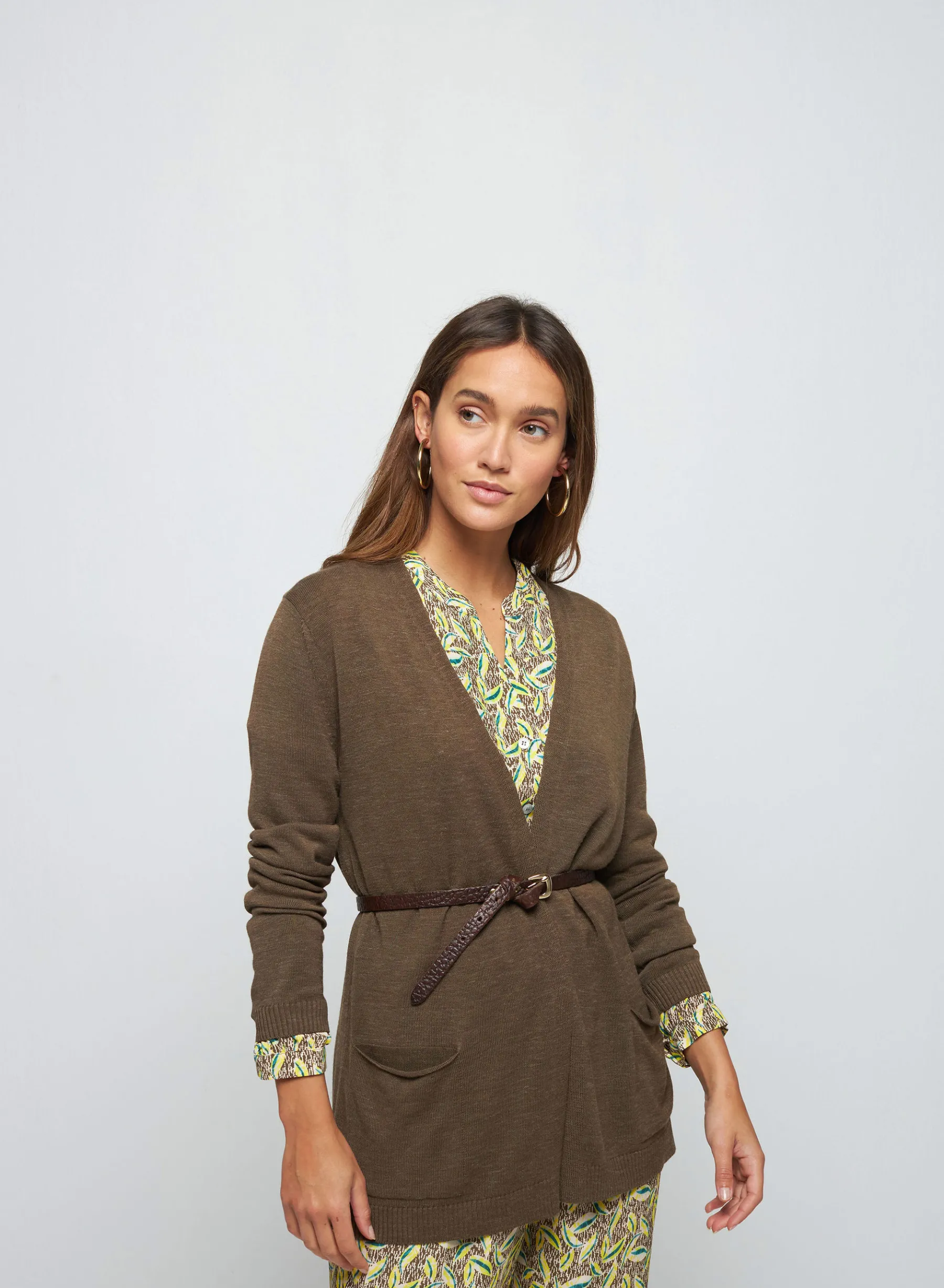 Montagut Vestes Et Cardigans-Gilet long avec poches en lin flammé - Tabata 83-Kaki