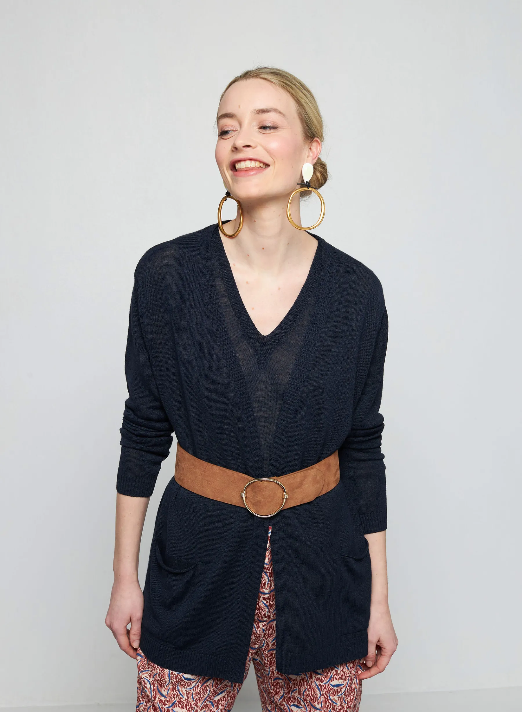 Montagut Vestes Et Cardigans-Gilet long avec poches en lin flammé - Tabata 05-Bleu marine