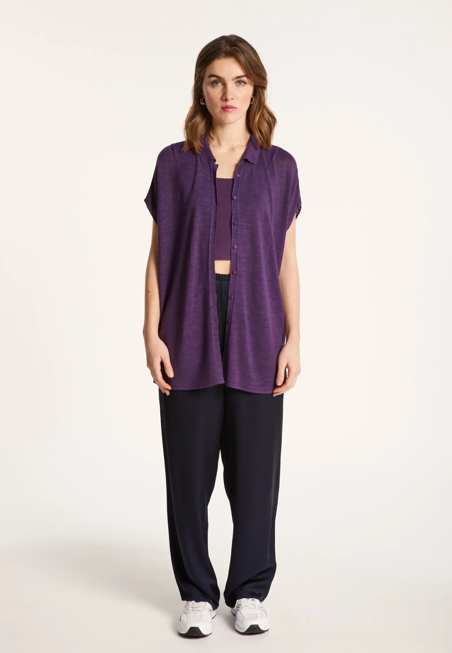 Montagut Vestes Et Cardigans-Gilet long en lin flammé - Nora 18-Violet foncé