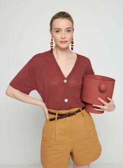 Montagut T-Shirts Et Débardeurs-Gilet manches courtes en lin flammé - Tanya 51-Bordeaux