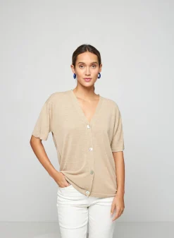 Montagut T-Shirts Et Débardeurs-Gilet manches courtes en lin flammé - Tanya 12-Beige clair