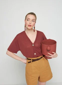 Montagut T-Shirts Et Débardeurs-Gilet manches courtes en lin flammé - Tanya 51-Bordeaux