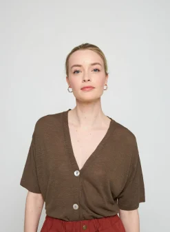 Montagut T-Shirts Et Débardeurs-Gilet manches courtes en lin flammé - Tanya 83-Kaki