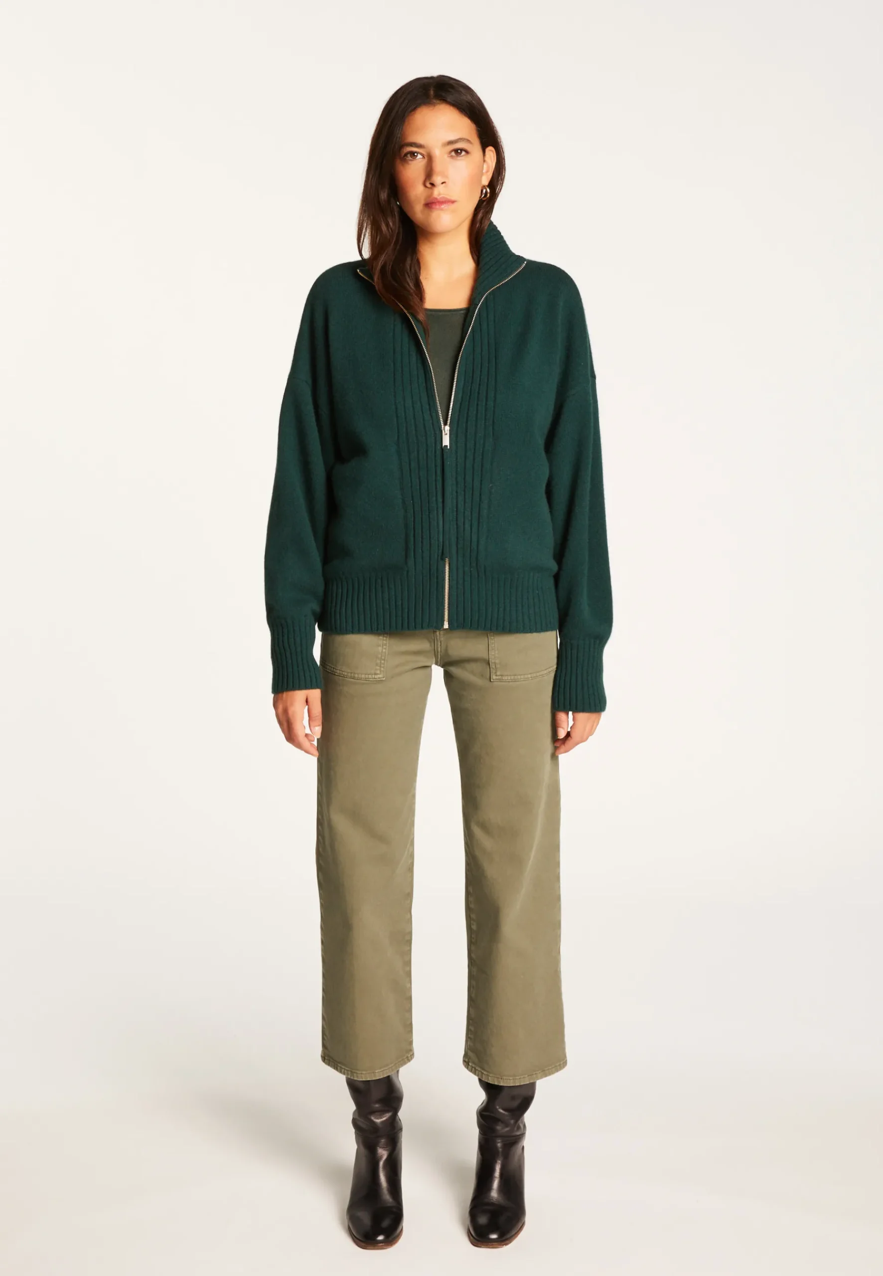 Montagut Les Incontournables-Gilet zippé en cachemire - Agnes duo 21-Vert foncé
