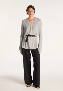 Montagut Pulls-Grand pull col v en grosse maille - Balata 11-Gris clair