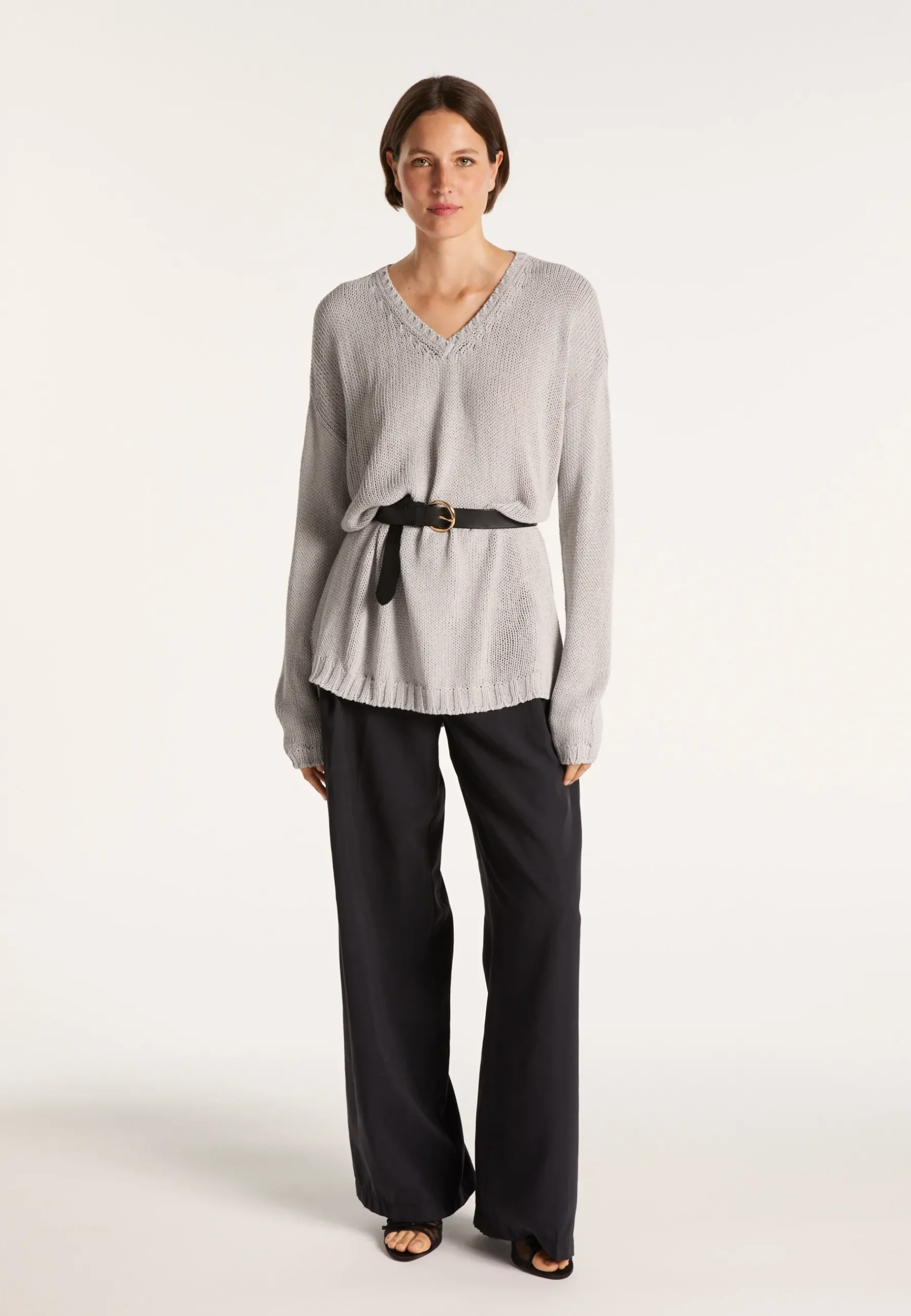Montagut Pulls-Grand pull col v en grosse maille - Balata 11-Gris clair