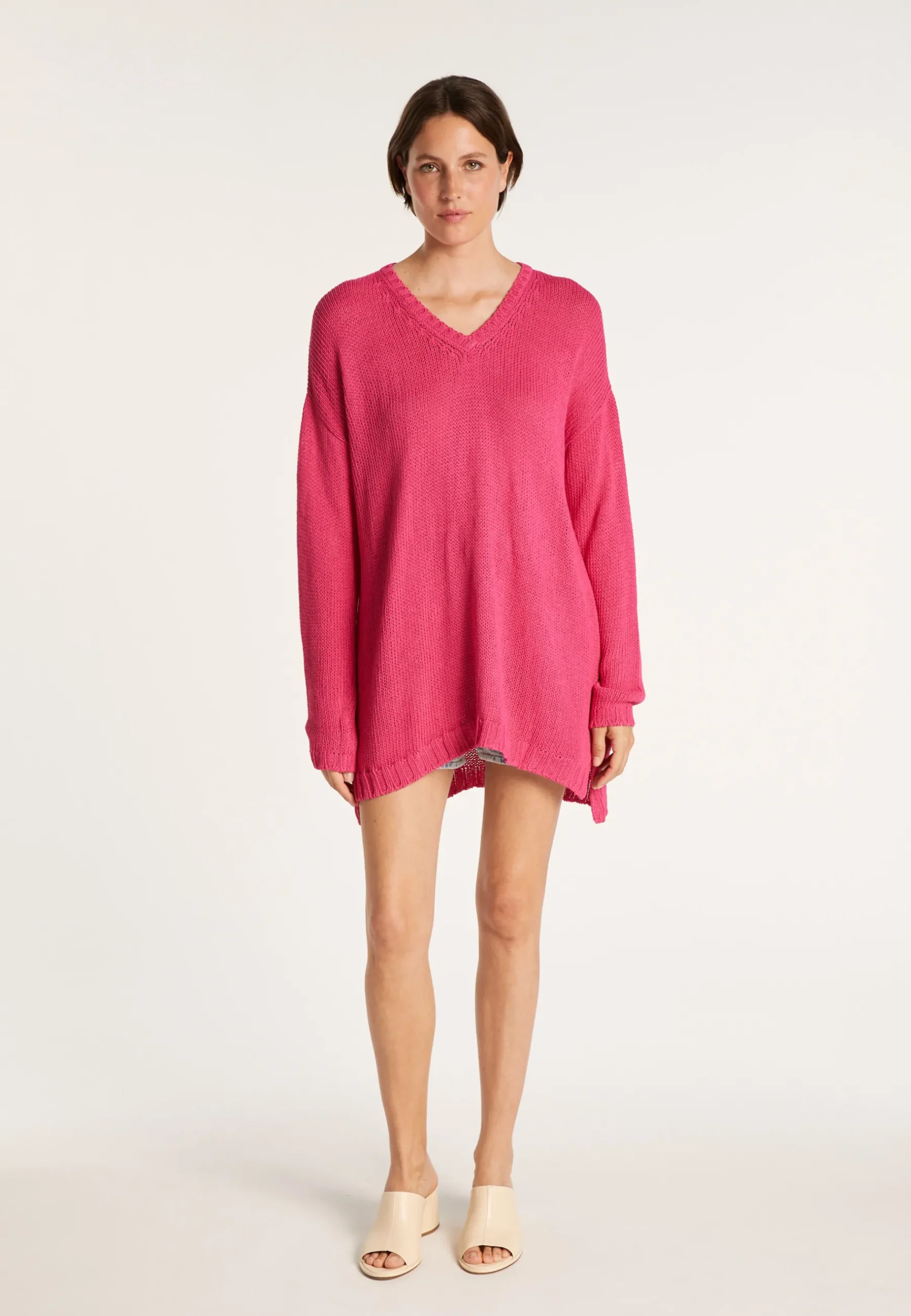 Montagut Pulls-Grand pull col v en grosse maille - Balata 91-Fuchsia