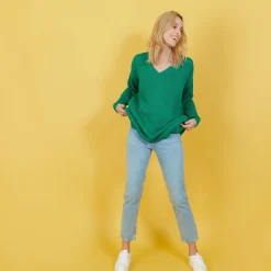 Montagut Pulls-Grand pull col v en grosse maille - Balata 22-Vert moyen