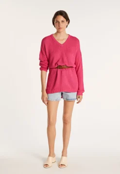 Montagut Pulls-Grand pull col v en grosse maille - Balata 91-Fuchsia