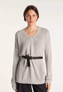 Montagut Pulls-Grand pull col v en grosse maille - Balata 11-Gris clair