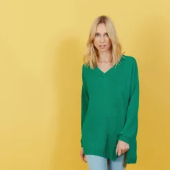 Montagut Pulls-Grand pull col v en grosse maille - Balata 22-Vert moyen