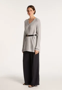 Montagut Pulls-Grand pull col v en grosse maille - Balata 11-Gris clair