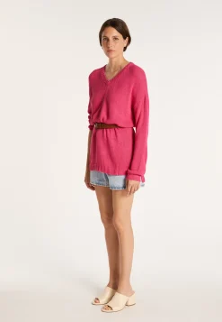 Montagut Pulls-Grand pull col v en grosse maille - Balata 91-Fuchsia