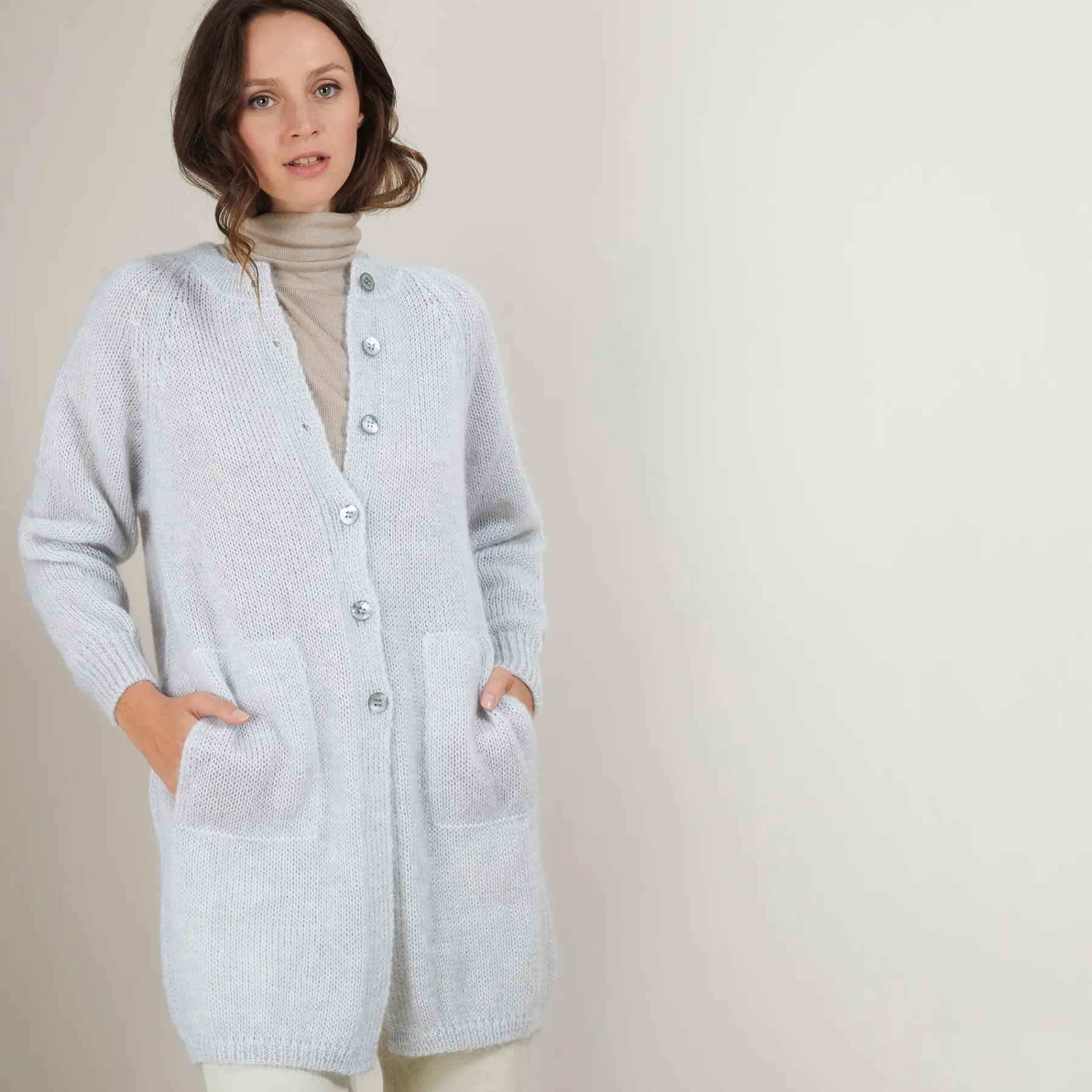 Montagut Vestes Et Cardigans-Long gilet à poches en mohair - Gaya 11-Gris clair