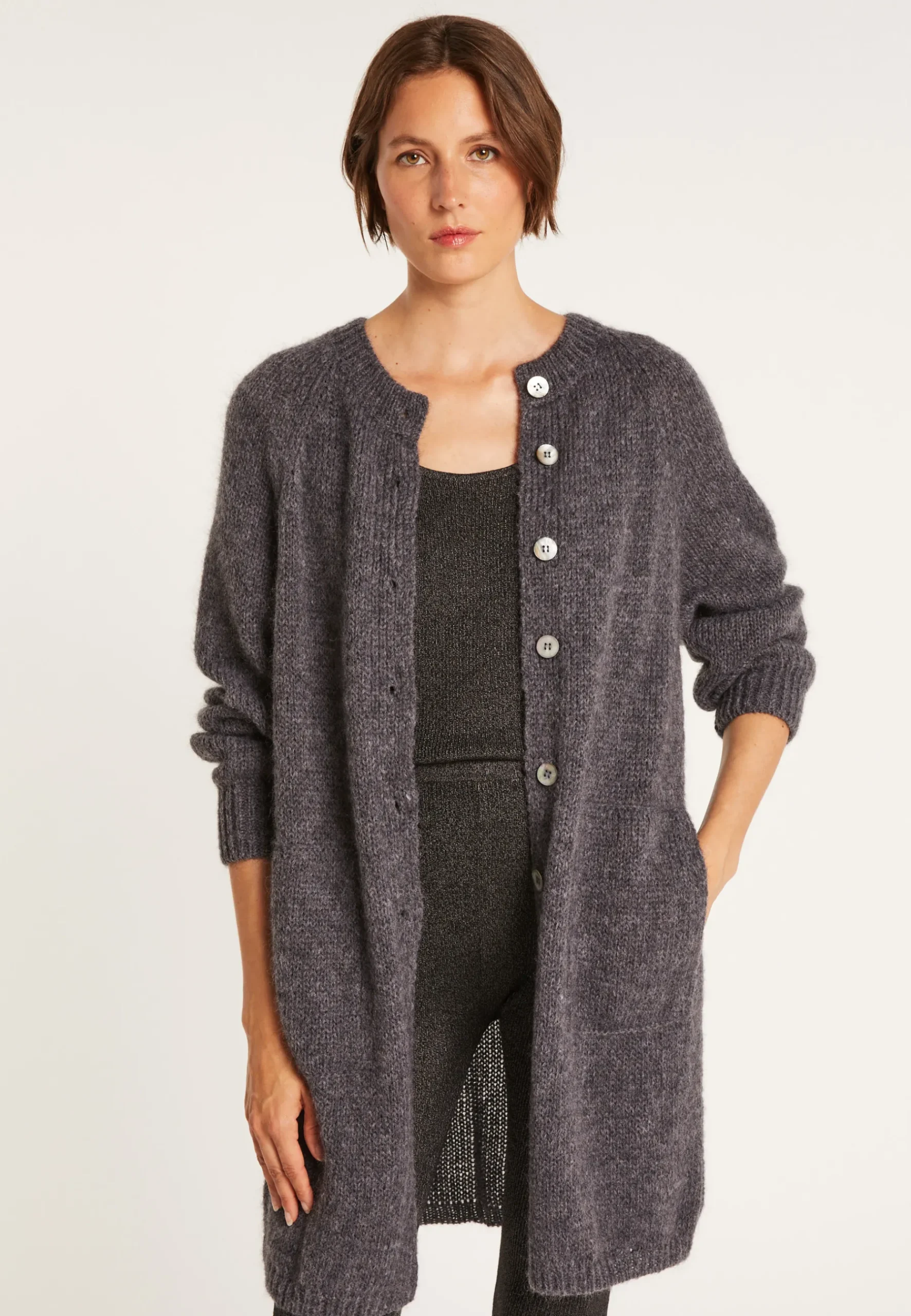 Montagut Vestes Et Cardigans-Long gilet à poches en mohair - Gaya 10-Gris foncé