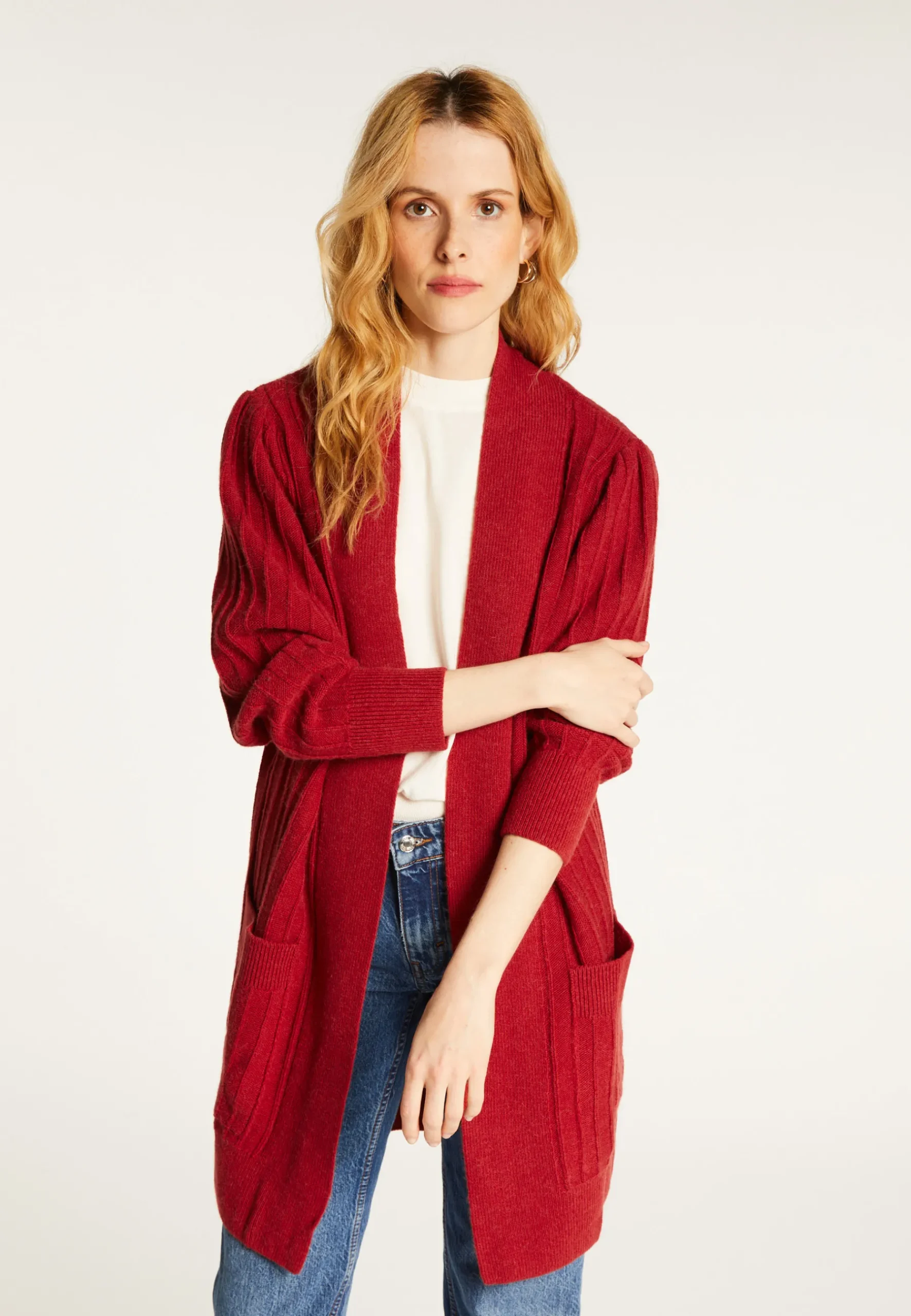 Montagut Vestes Et Cardigans-Long gilet en laine alpaga manches ballons - Damy 20-Rouge foncé