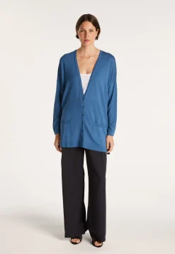 Montagut Vestes Et Cardigans-Long gilet en laine avec poches - Anne-Sophie 06-Bleu moyen