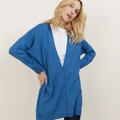 Montagut Vestes Et Cardigans-Long gilet en laine avec poches - Anne-Sophie 06-Bleu moyen