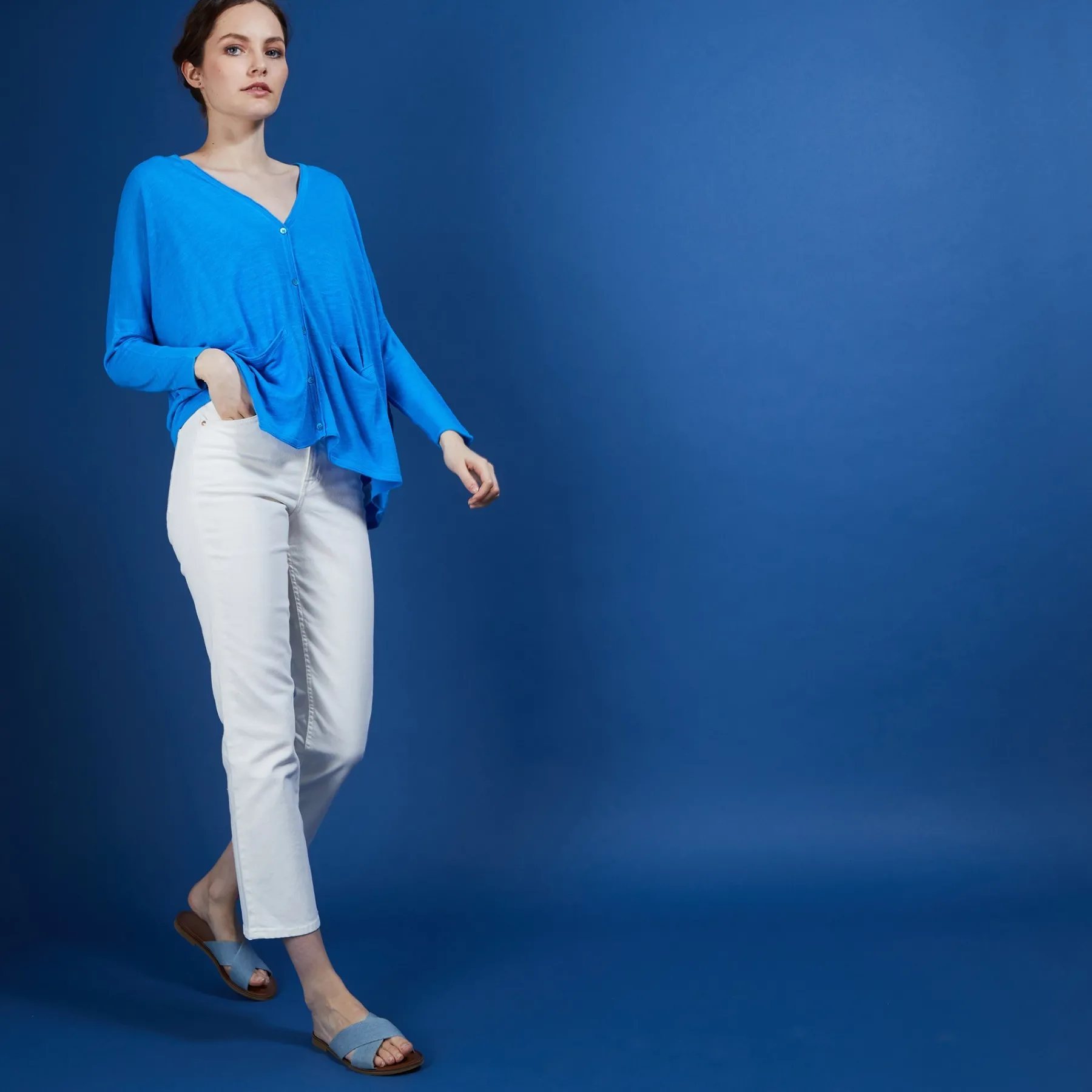 Montagut Vestes Et Cardigans-Long gilet en lin - Ballon 06-Bleu moyen
