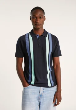 Montagut Polos Et T-Shirts-Polo 4 rayures verticales en Fil Lumière - Ilann 05-Bleu marine