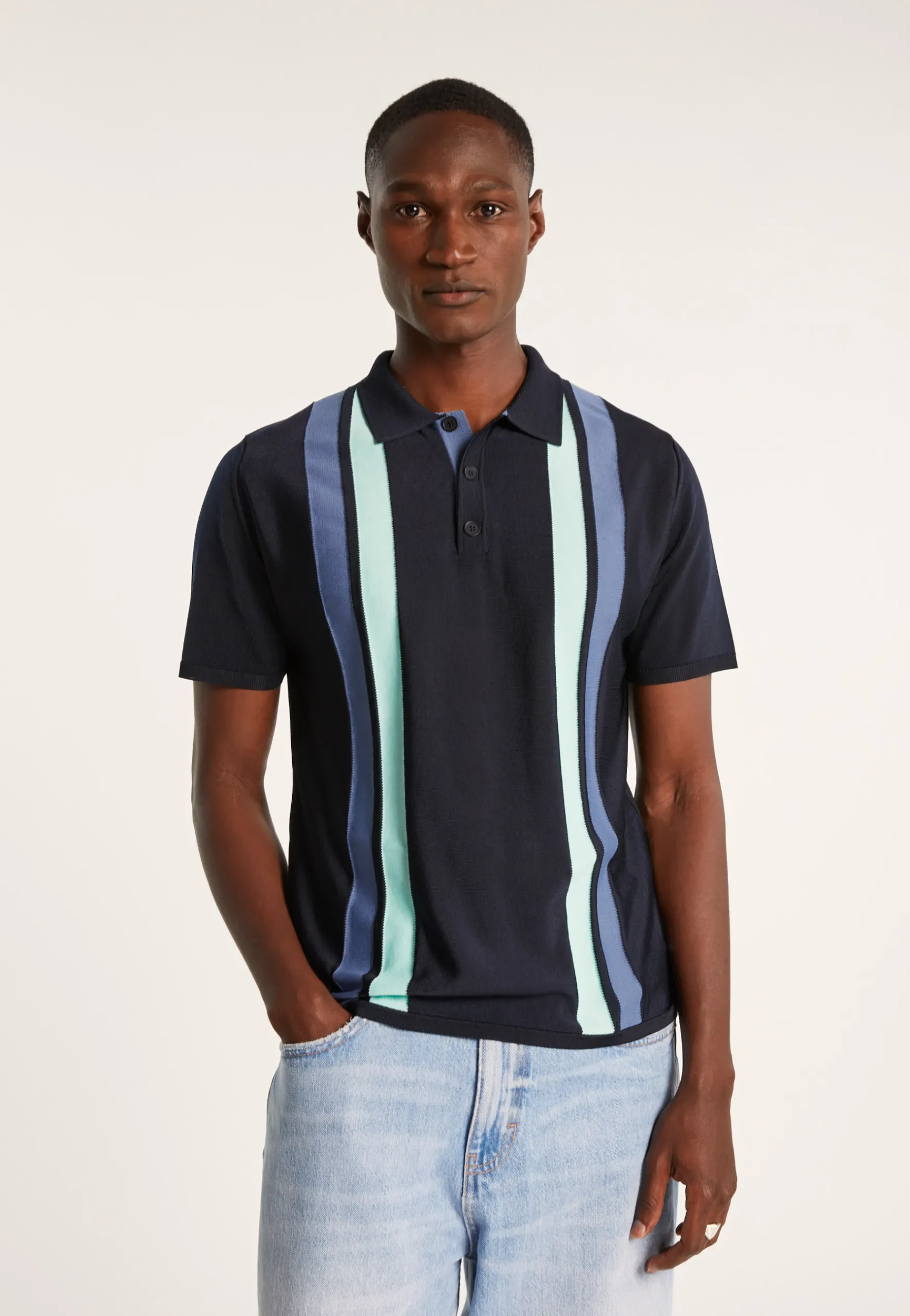 Montagut Polos Et T-Shirts-Polo 4 rayures verticales en Fil Lumière - Ilann 05-Bleu marine