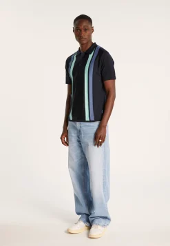 Montagut Polos Et T-Shirts-Polo 4 rayures verticales en Fil Lumière - Ilann 05-Bleu marine