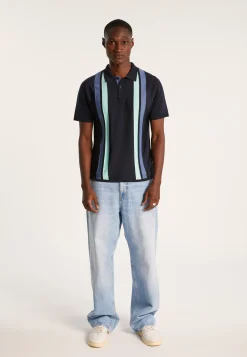 Montagut Polos Et T-Shirts-Polo 4 rayures verticales en Fil Lumière - Ilann 05-Bleu marine