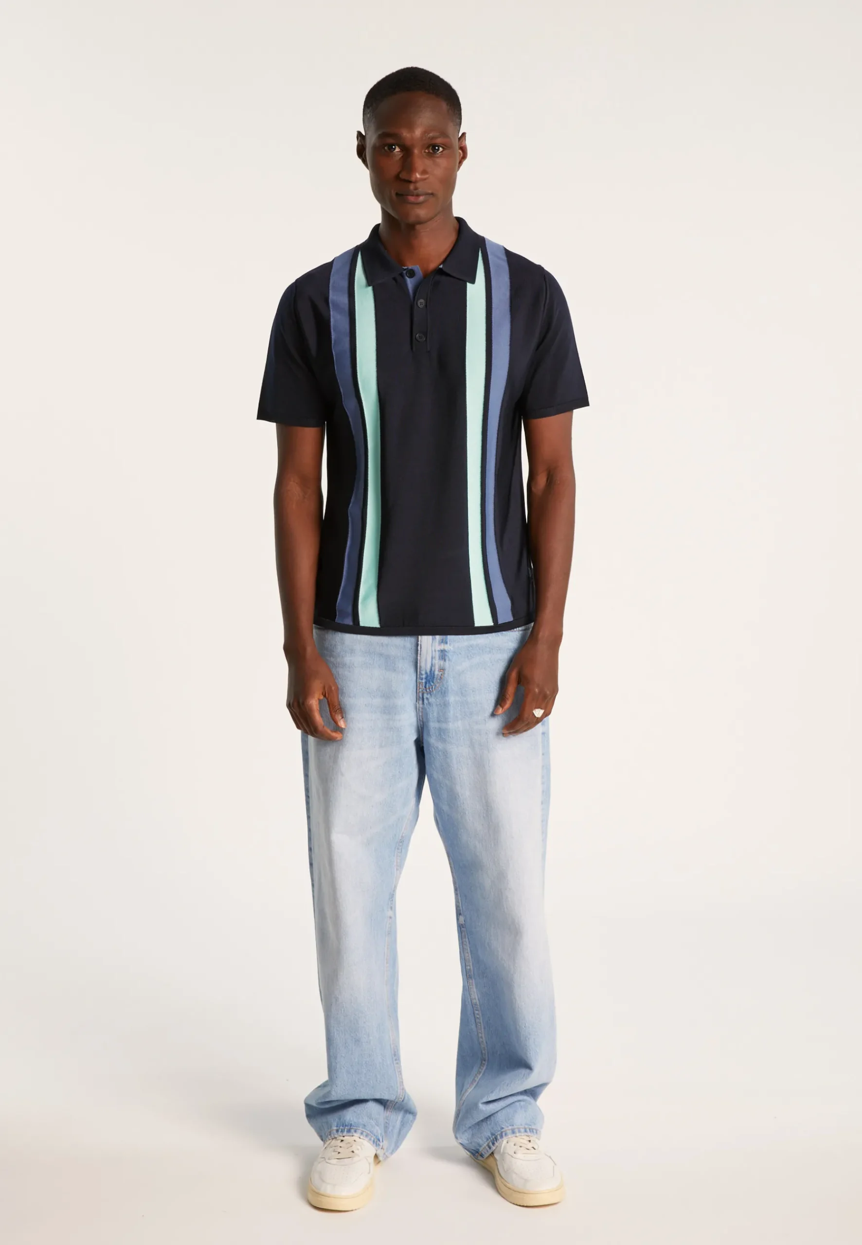 Montagut Polos Et T-Shirts-Polo 4 rayures verticales en Fil Lumière - Ilann 05-Bleu marine
