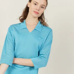 Montagut Chemisiers Et Polos-Polo ajouré manches 3/4 - Anaelle 06-Bleu moyen