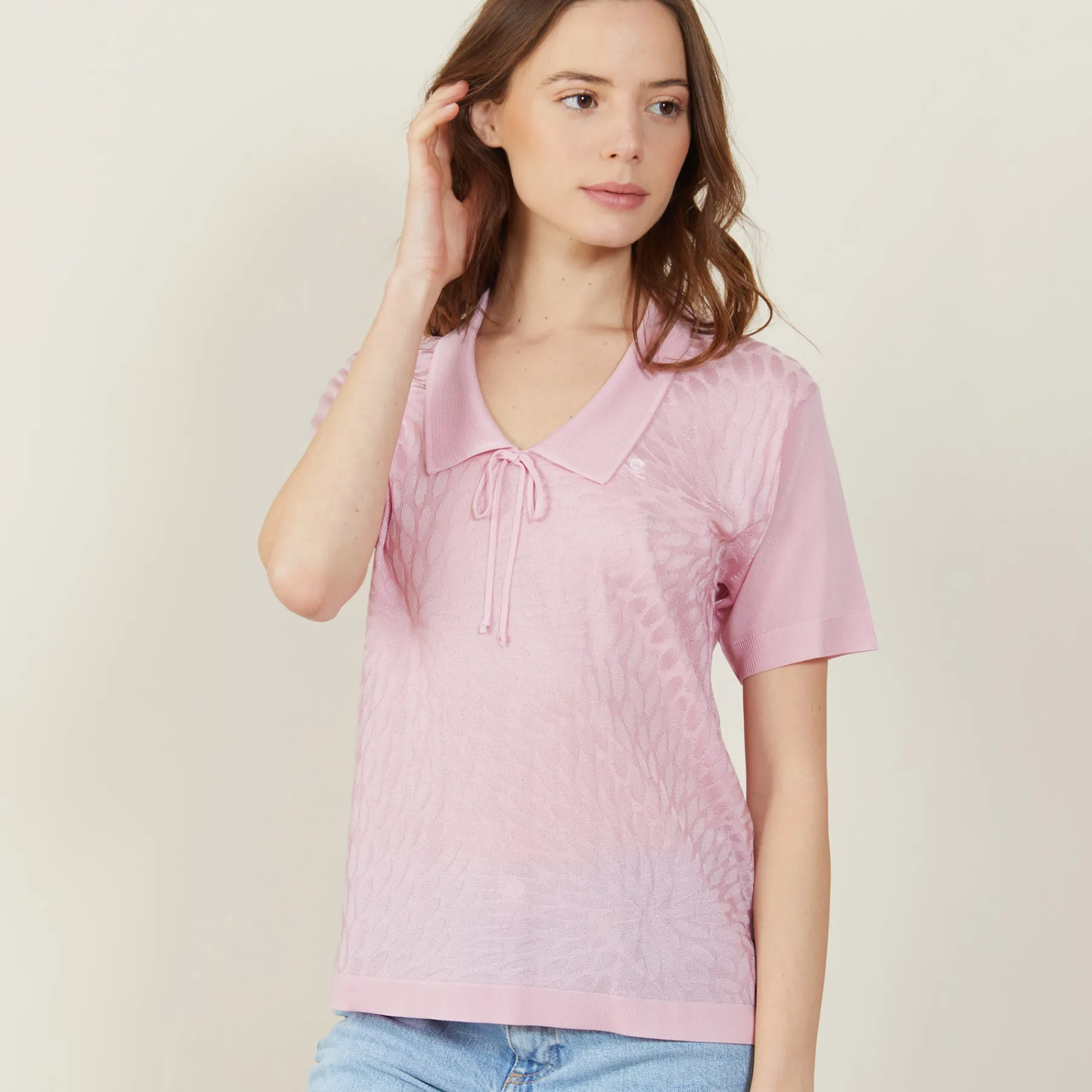 Montagut Chemisiers Et Polos-Polo manches courtes col noué - Mana 24-Rose clair