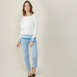 Montagut Pulls-Pull col rond tricolore en coton - Nelda 04-Bleu clair