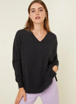 Montagut Les Incontournables-Pull ample à fentes col V en cachemire - Alienor 10-Gris foncé