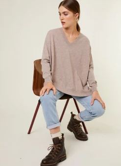 Montagut Les Incontournables-Pull ample à fentes col V en cachemire - Alienor 14-Beige foncé