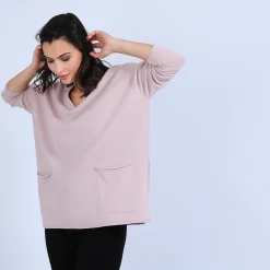 Montagut Les Incontournables-Pull ample col V en cachemire - Olyvia 24-Rose clair