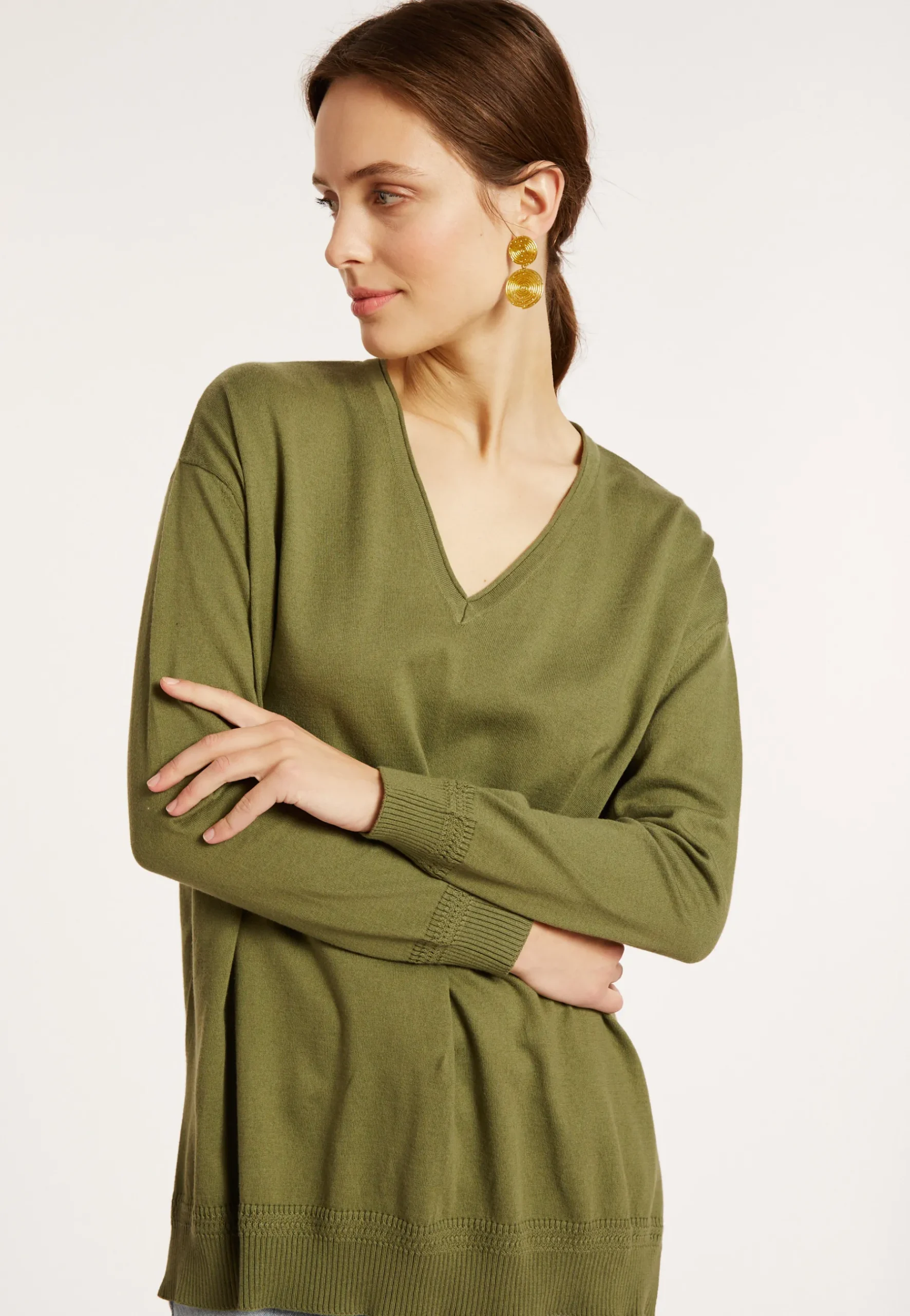 Montagut Pulls-Pull ample col V en coton - Meve 83-Kaki