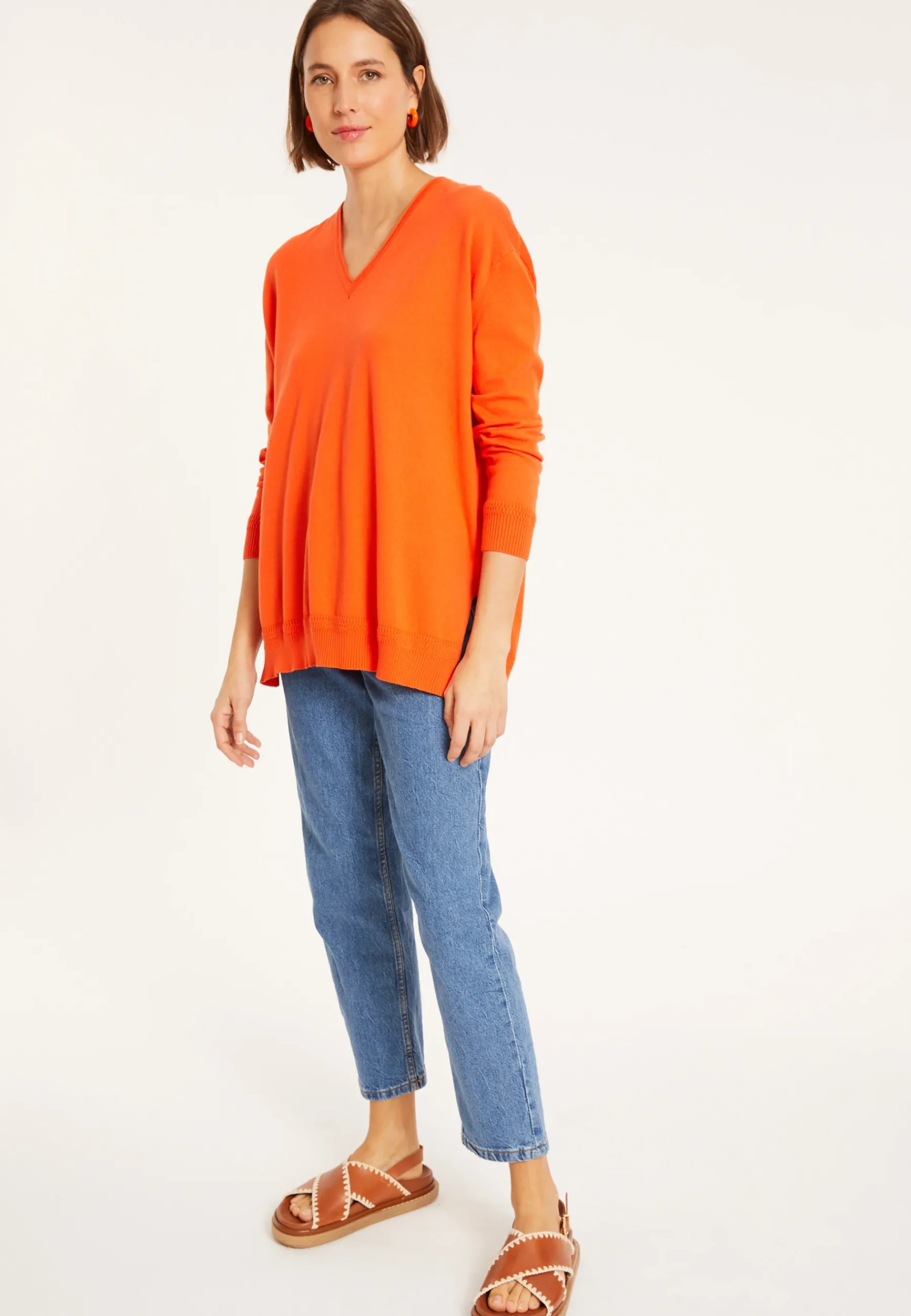 Montagut Pulls-Pull ample col V en coton - Meve 15-Orange