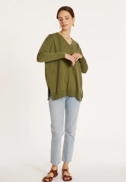 Montagut Pulls-Pull ample col V en coton - Meve 83-Kaki
