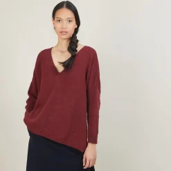 Montagut Les Incontournables-Pull ample col v en laine et soie - Baba 51-Bordeaux